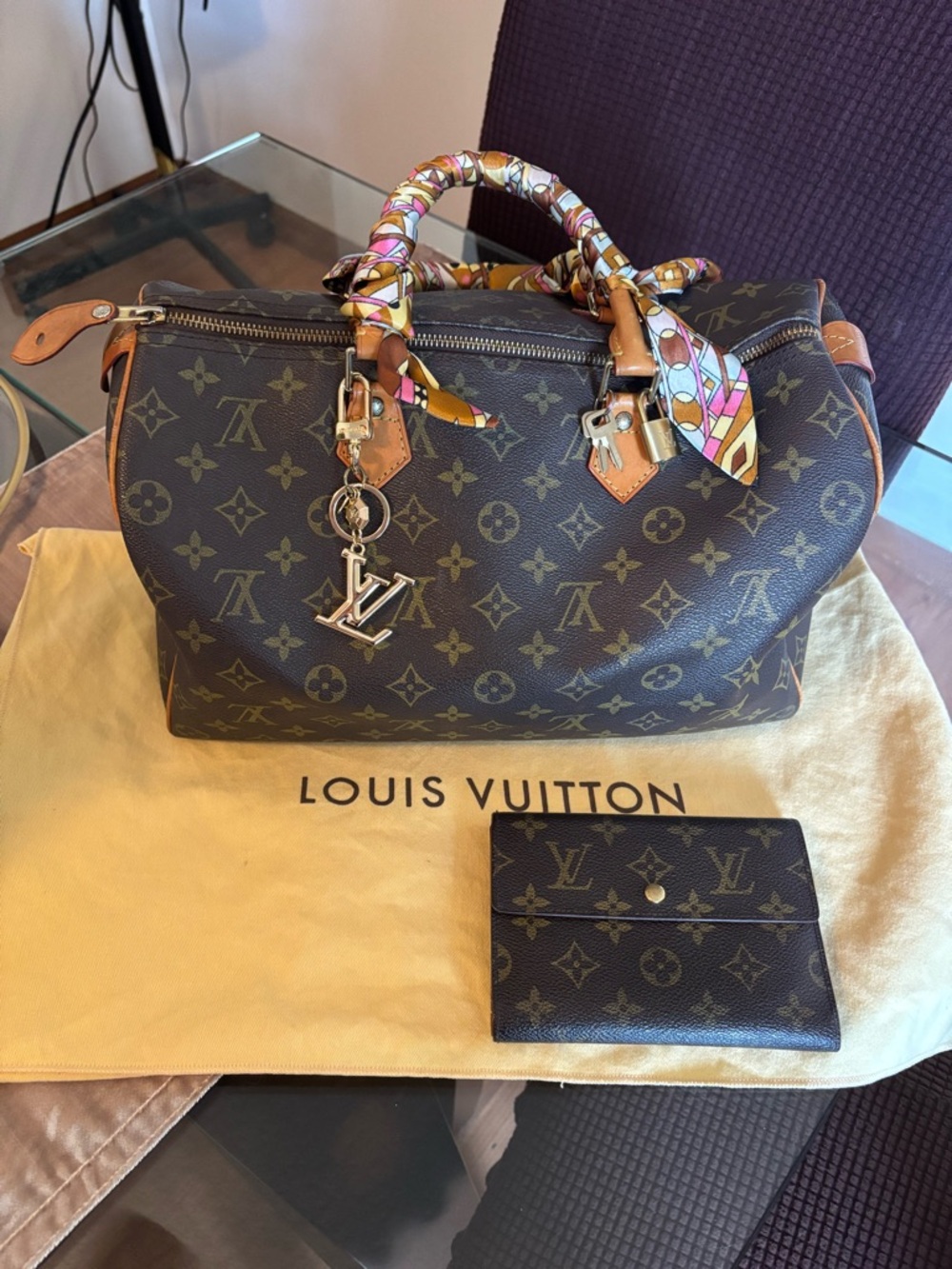 Louis Vuitton Brown Monogram Speedy 35 with Colorful Scarf-Wrapped Handles